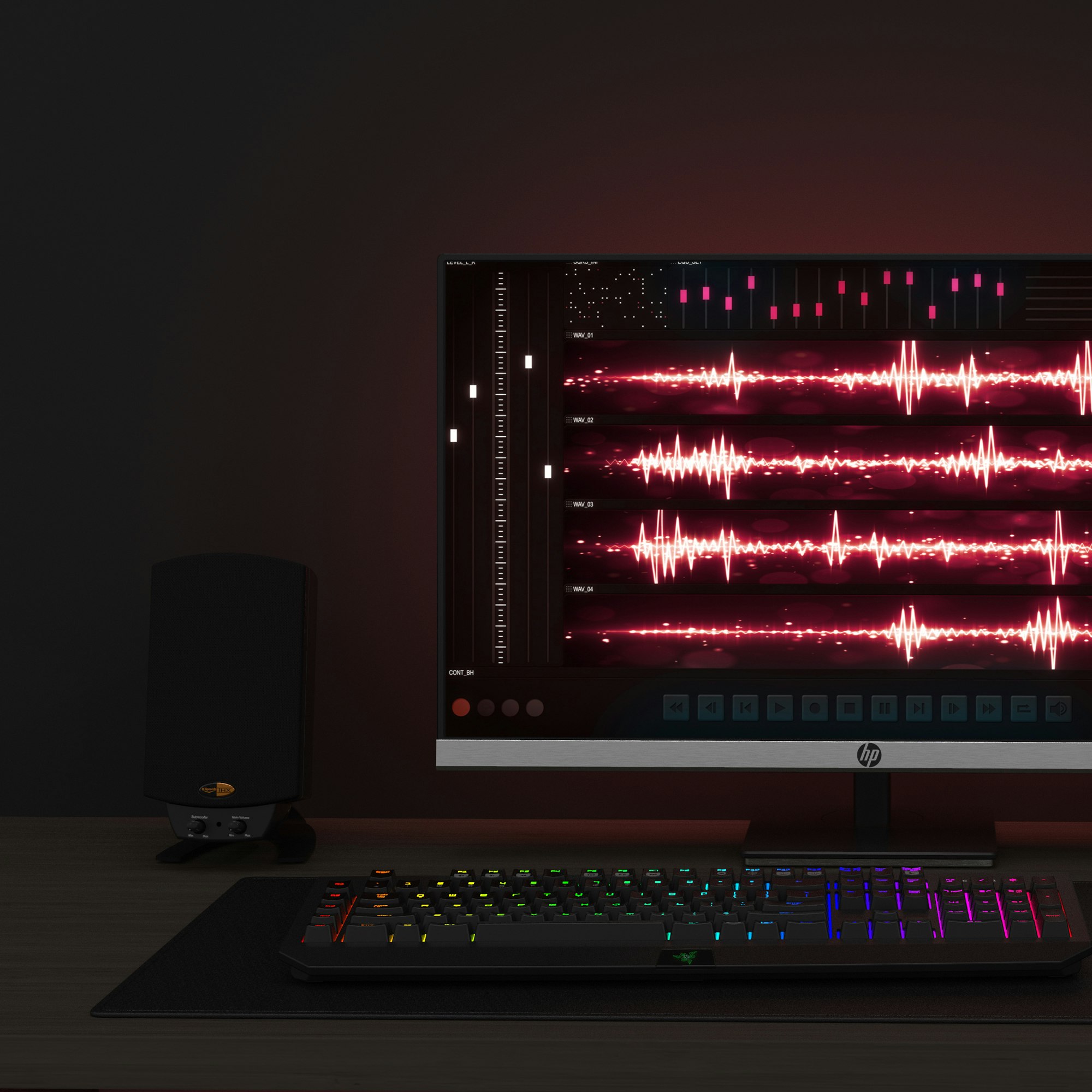Pro Media 2 1 THX speaker next to computer monitor and keyboard mobile